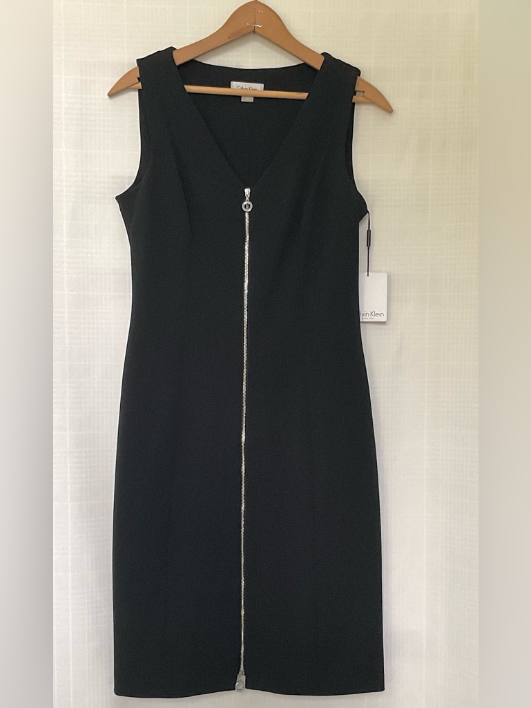 Nwt Calvin Klein Black Zip-Front V-Neck Midi Dress